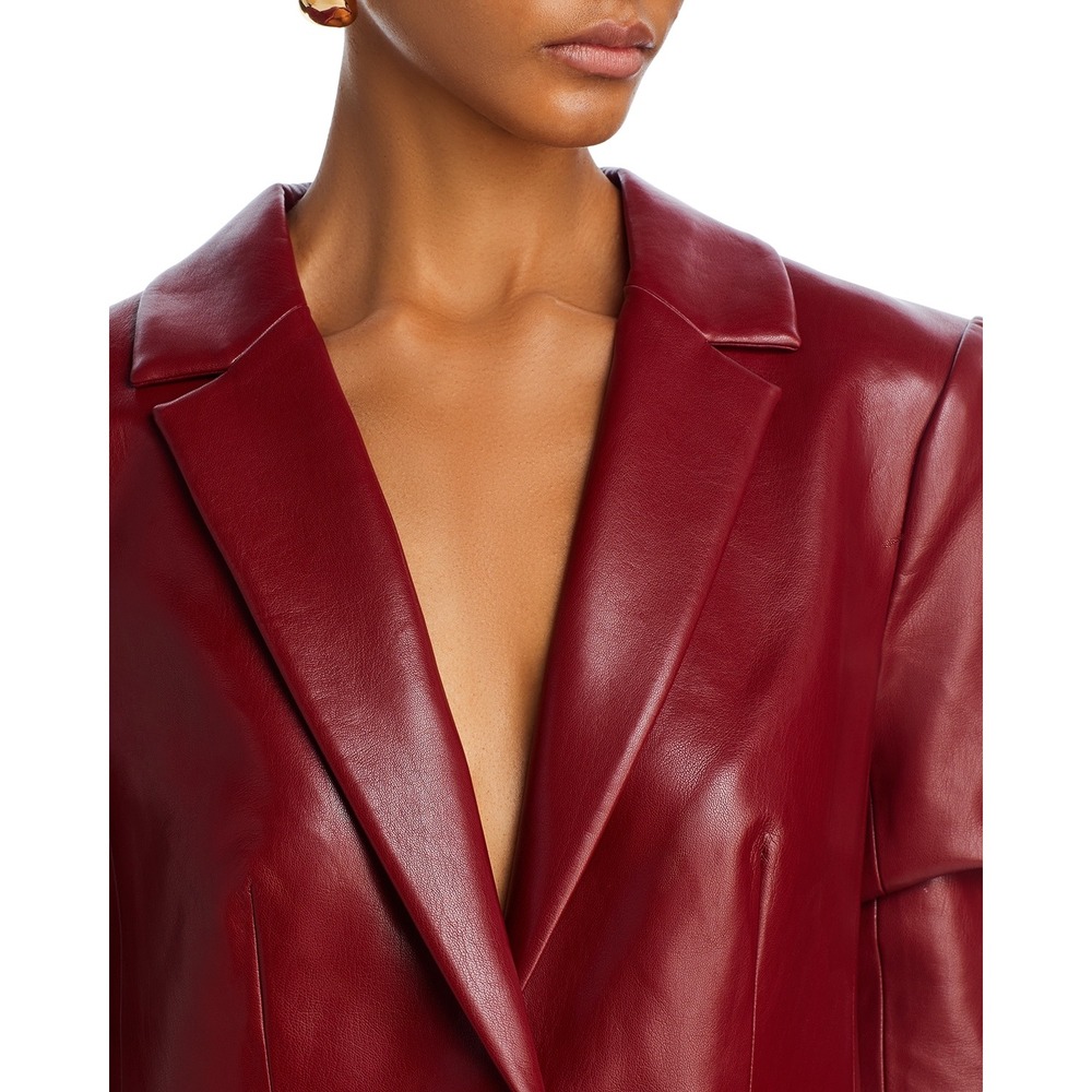 NWT Cinq a Sept Kylie Vegan Leather Jacket Sz 0 Rhubarb Red Ruched Sleeve Blazer - Picture 3 of 16